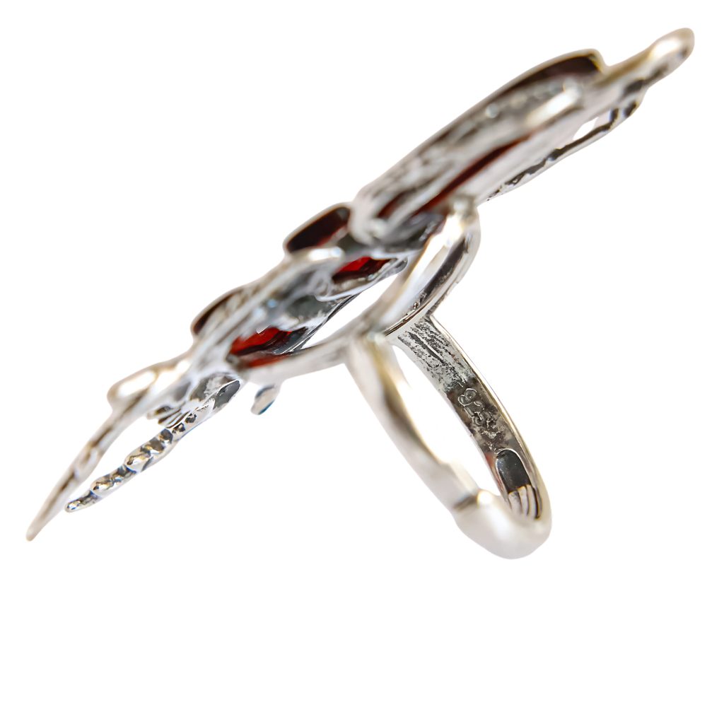 Baltic cherry amber scarab ring in 925 sterling silver with unique design.