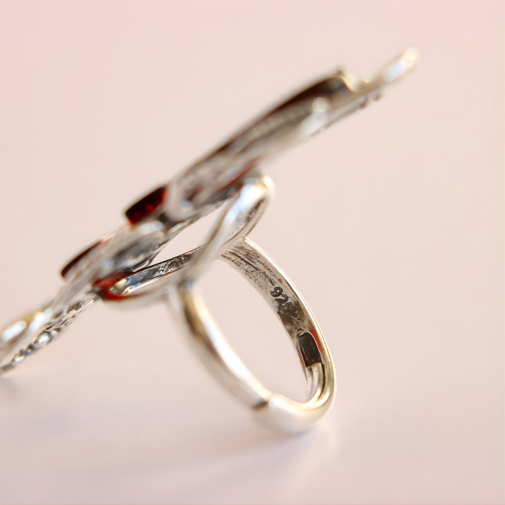 Close-up of amber ring 925 stamp on a light pink background