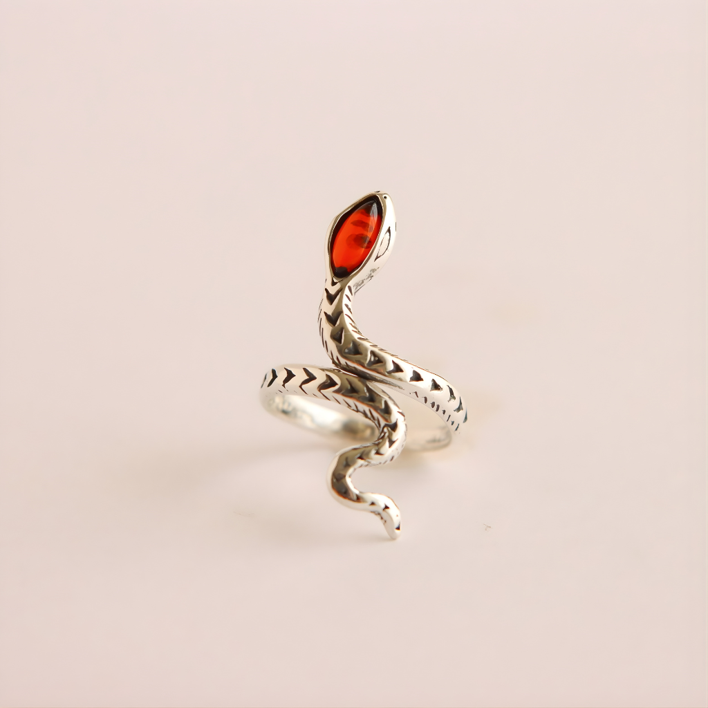 Silver snake-shaped ring with a red stone on a beige background