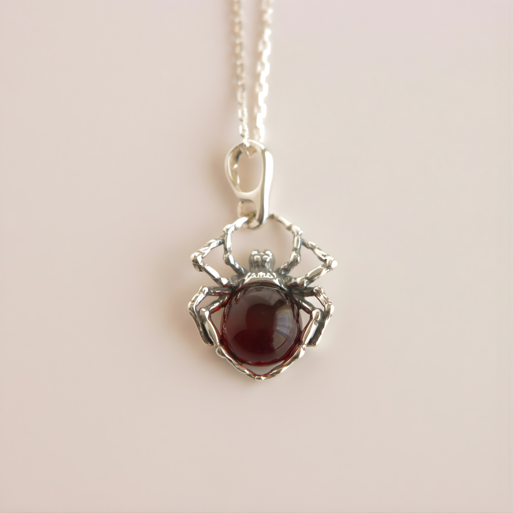 Silver spider charm necklace with a red gemstone on a beige background