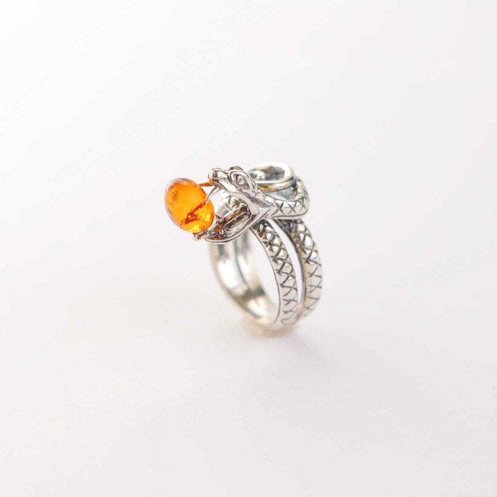 Baltic Cognac Amber Cobra Ring in 925 Sterling Silver with Fangs and Scales.