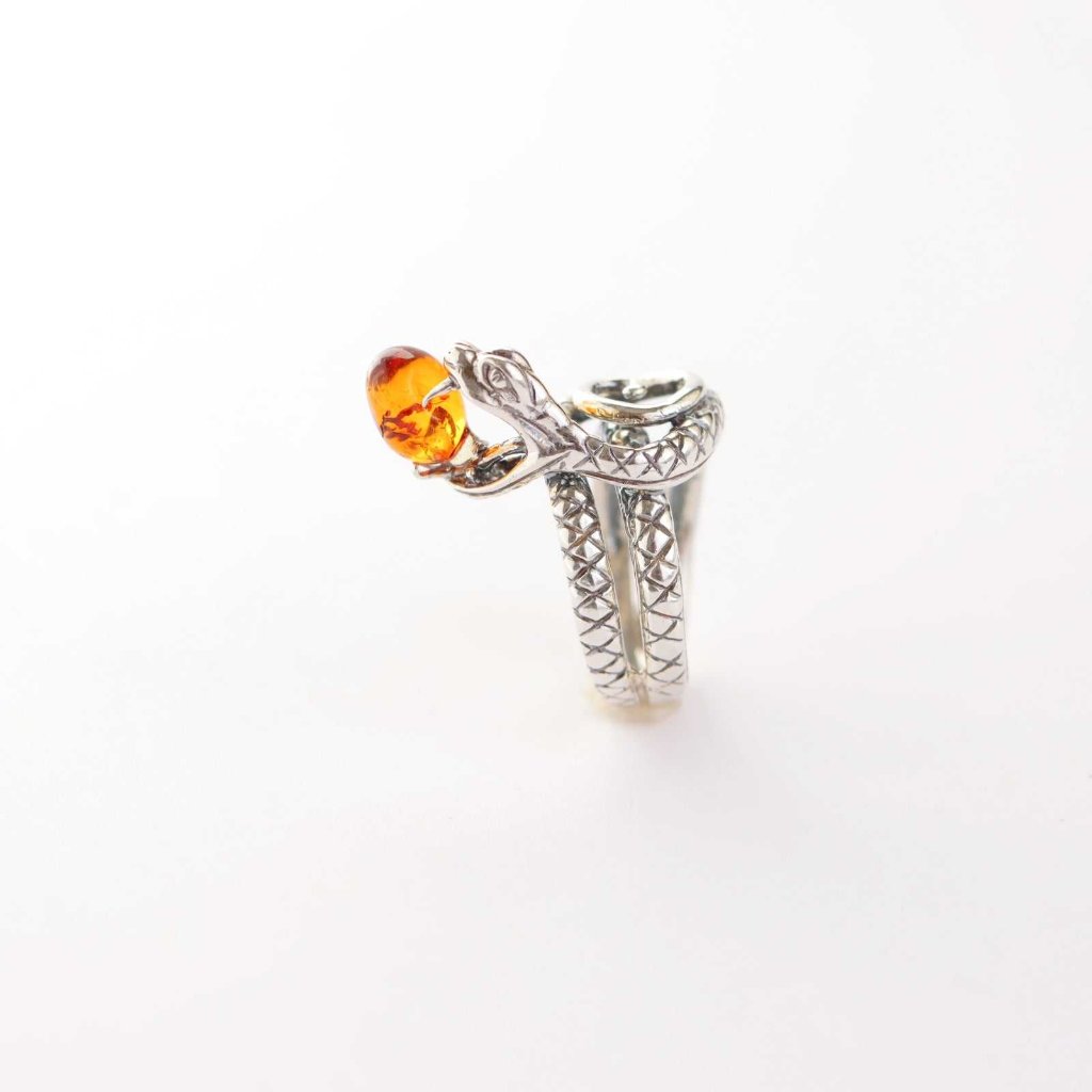 Baltic Cognac Amber Cobra Ring in 925 Sterling Silver with Fangs and Scales