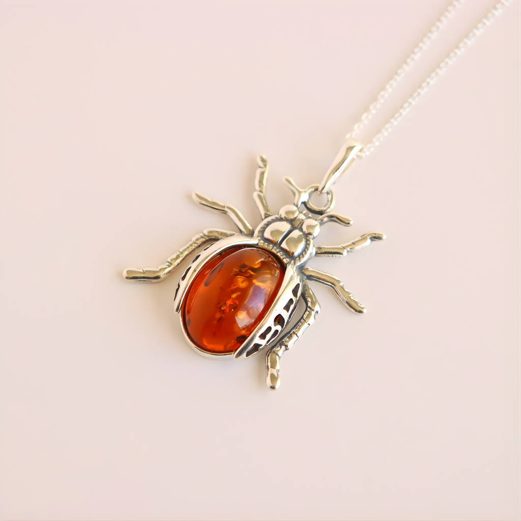 Silver amber pendant necklace with amber stone on a light pink background