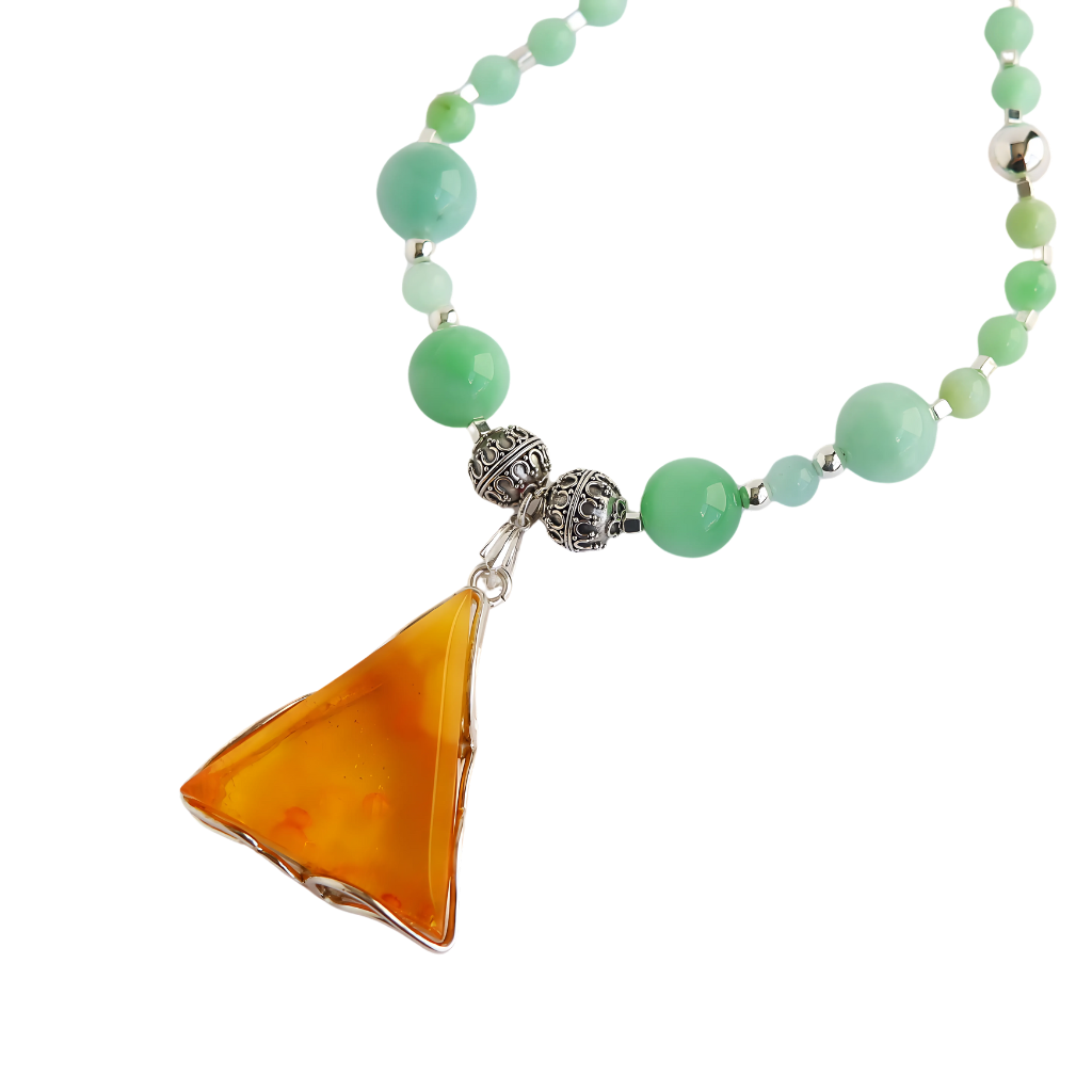 Baltic Lemon Amber and Burma Jade Statement Necklace with Triangle Pendant in Sterling Silver.