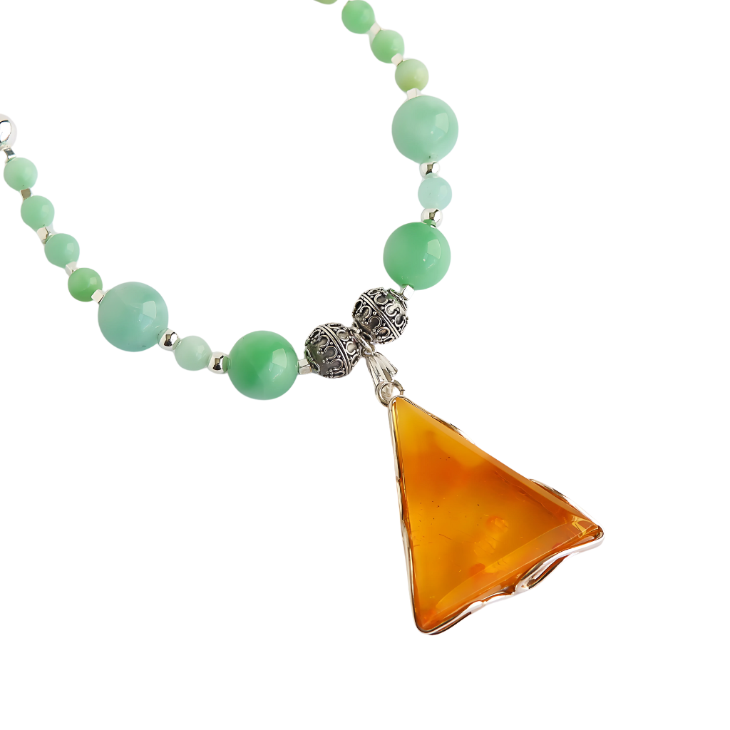 Baltic lemon amber and Burma jade statement necklace with sterling silver.