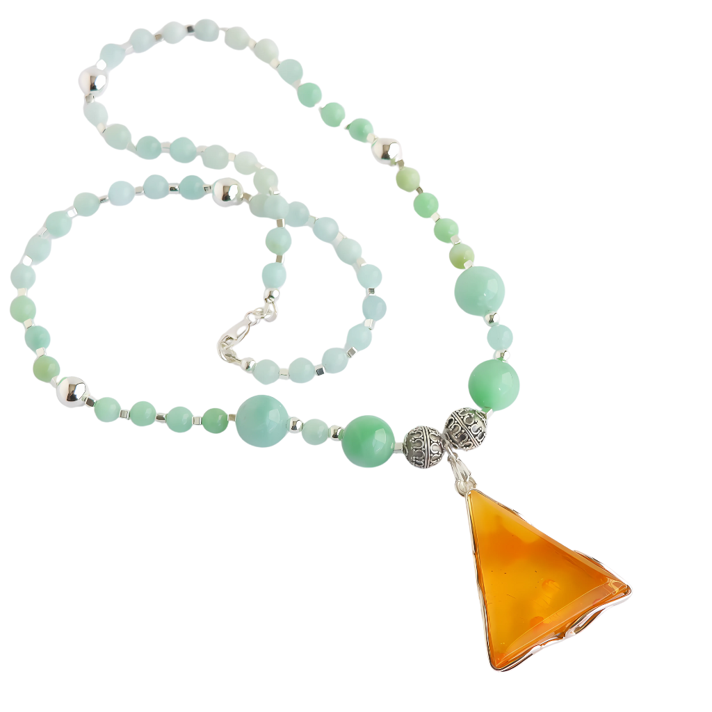 Baltic lemon amber and Burma jade statement necklace in 925 sterling silver.