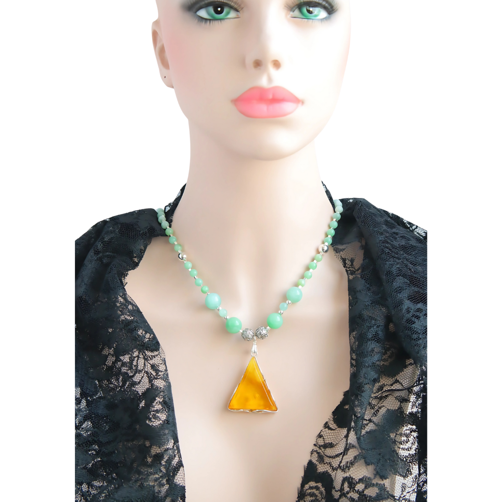 Baltic Lemon Amber and Burma Jade Statement Necklace in 925 Sterling Silver displayed on mannequin.
