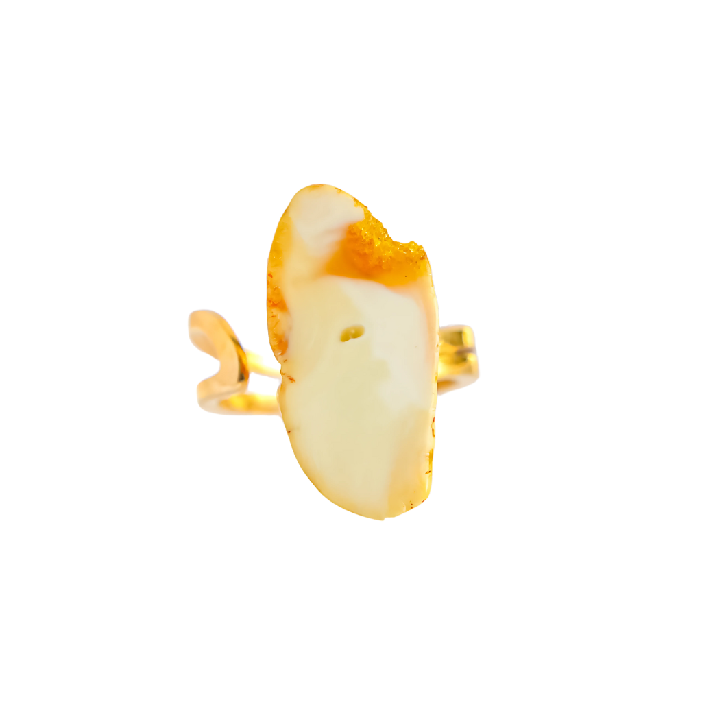 Baltic white and honey sugared amber gold ring with 14k gold plating.