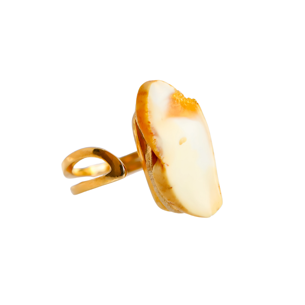 Baltic White and honey sugared amber gold ring with 925 sterling silver and 14k gold plating.
