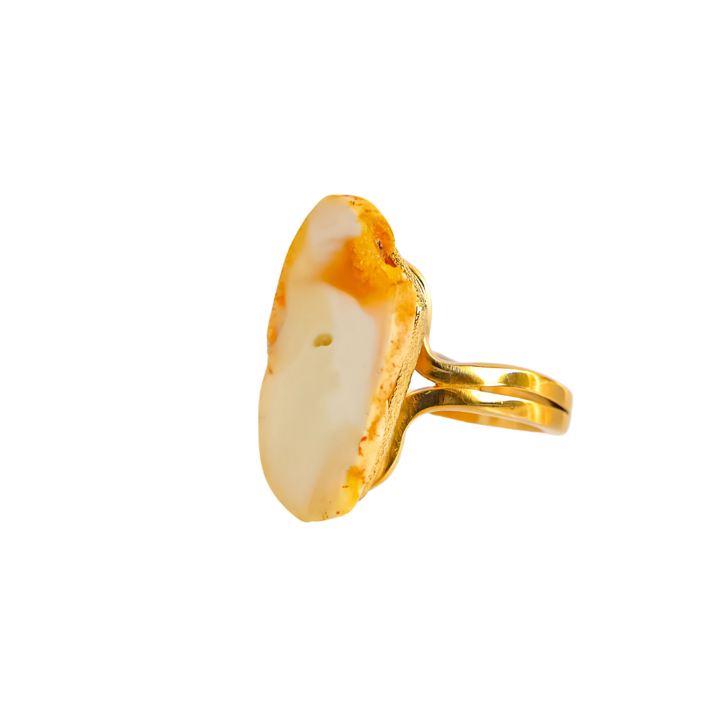 Baltic white amber and honey sugared amber gold ring in 925 sterling silver with 14k gold plating.