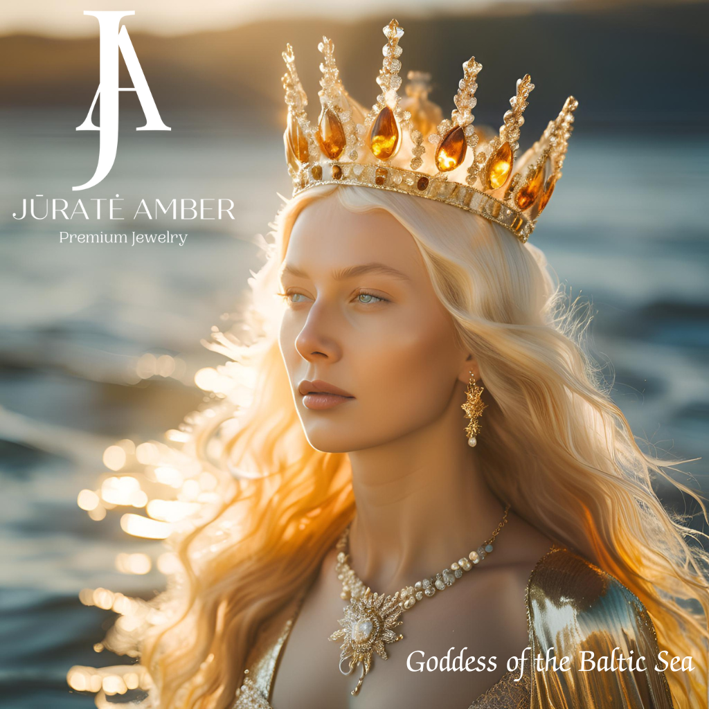 Baltic Cognac Amber goddess wearing a crown and jewelry by the sea.