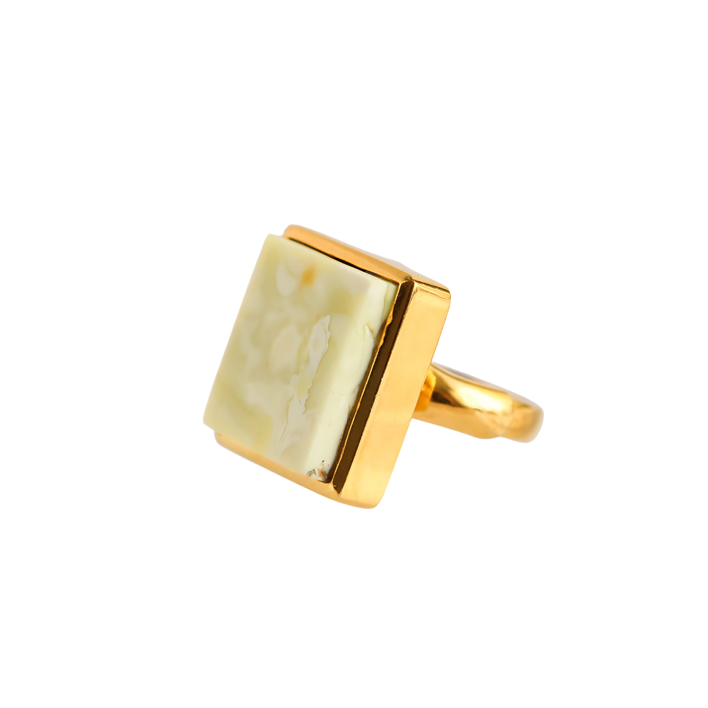 Butterscotch amber ring in 14k gold, elegant statement piece, handmade, genuine marbled white amber.
