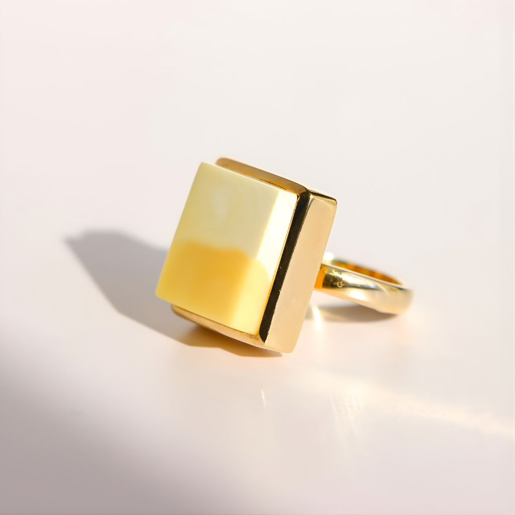 Gold square amber ring on a light gray background