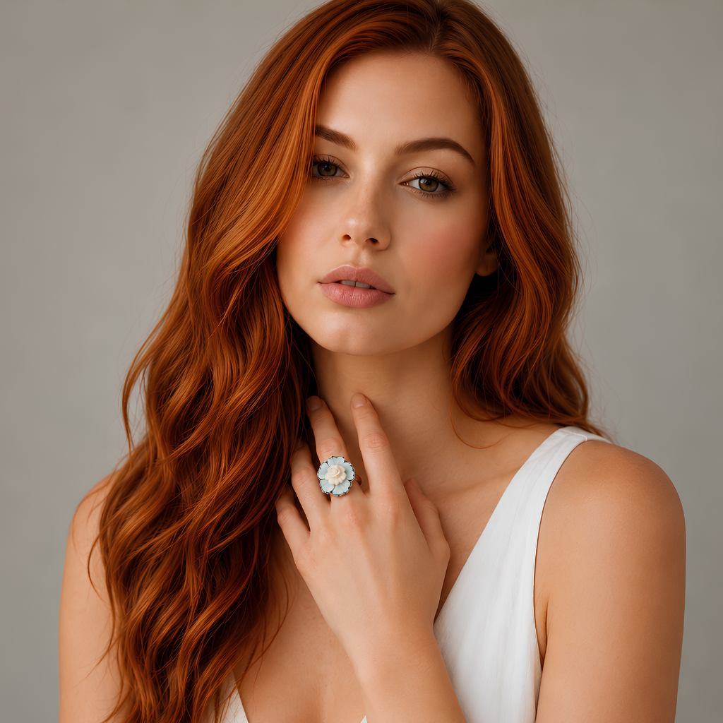 Woman with red hair wearing a white dress and a flower ring with a blue gemstone on a neutral background