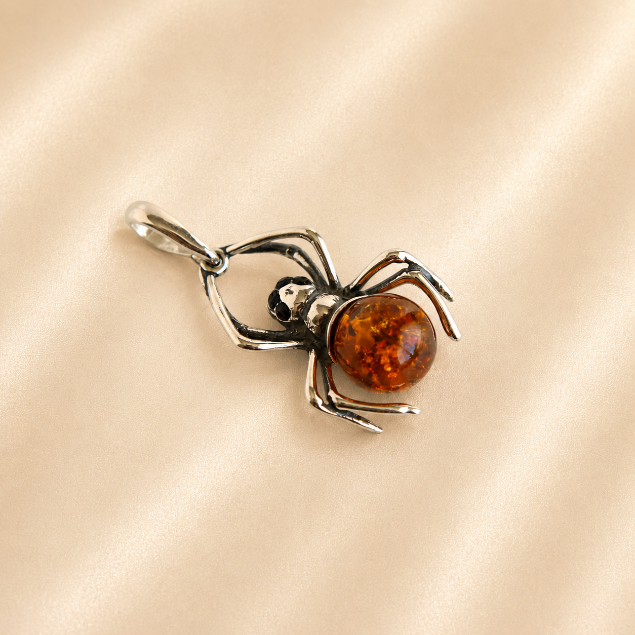 Amber Spider Pendant in Sterling Silver