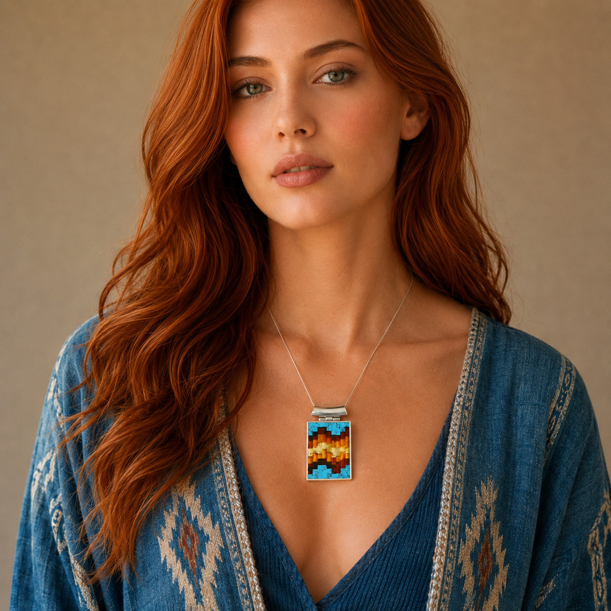 Woman wearing a blue patterned top with a turquoise necklace against a neutral background