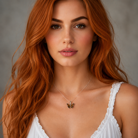 Woman with long red hair wearing a white top and butterfly necklace against a neutral background