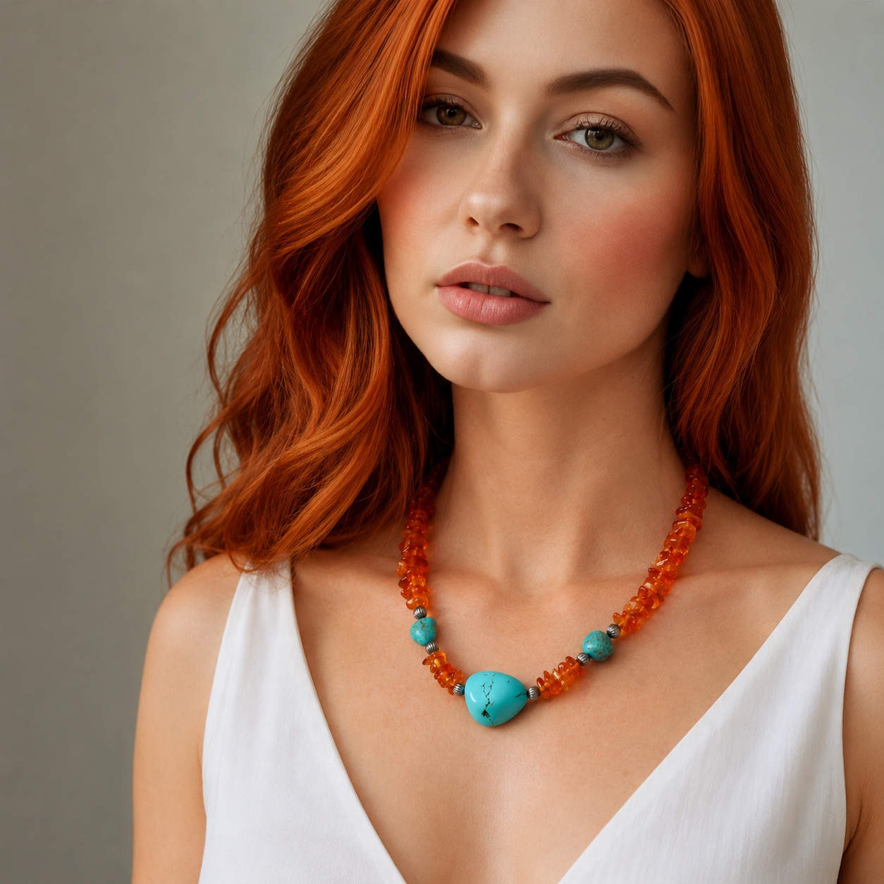 Woman wearing a beaded necklace with orange and turquoise beads against a neutral background