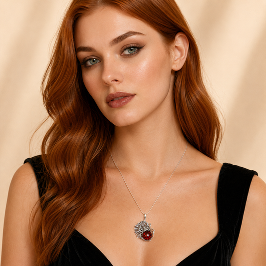 Woman wearing a amber necklace with a red pendant against a beige background