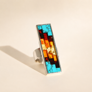 Baltic Amber and Turquoise Adjustable Ring in Sterling Silver