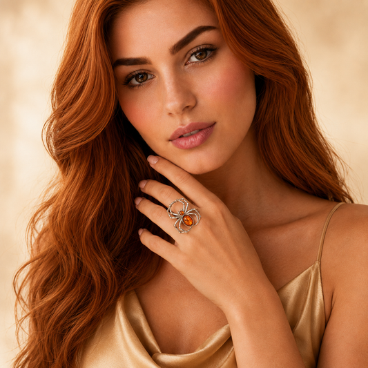 Woman wearing a decorative spider amber ring with a large gemstone on a beige background