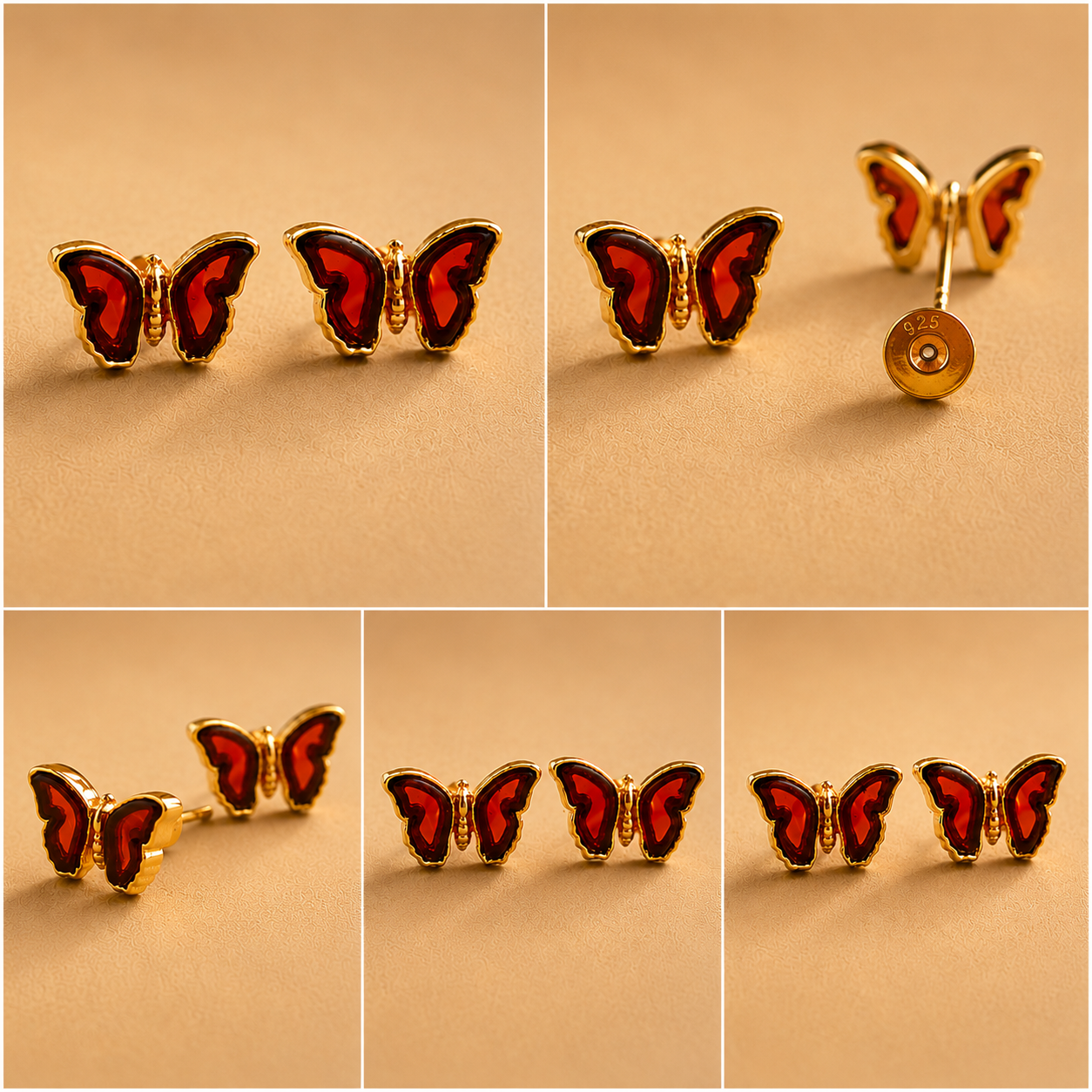Butterfly gold stud earrings with red wings and gold bodies on a beige background