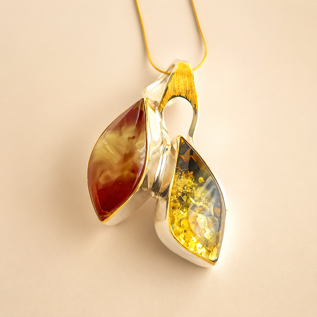 amber necklace with amber stones on a beige background