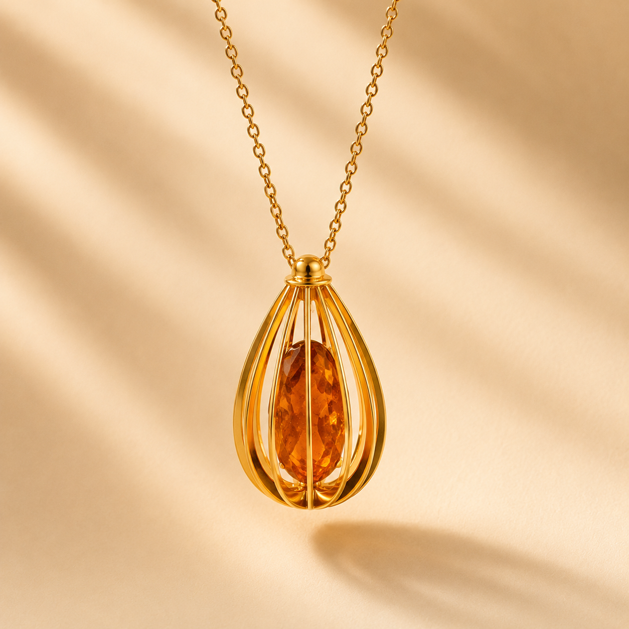 gold amber necklace in birdcage design.