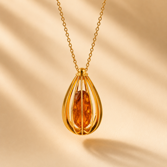 gold amber necklace in birdcage design.