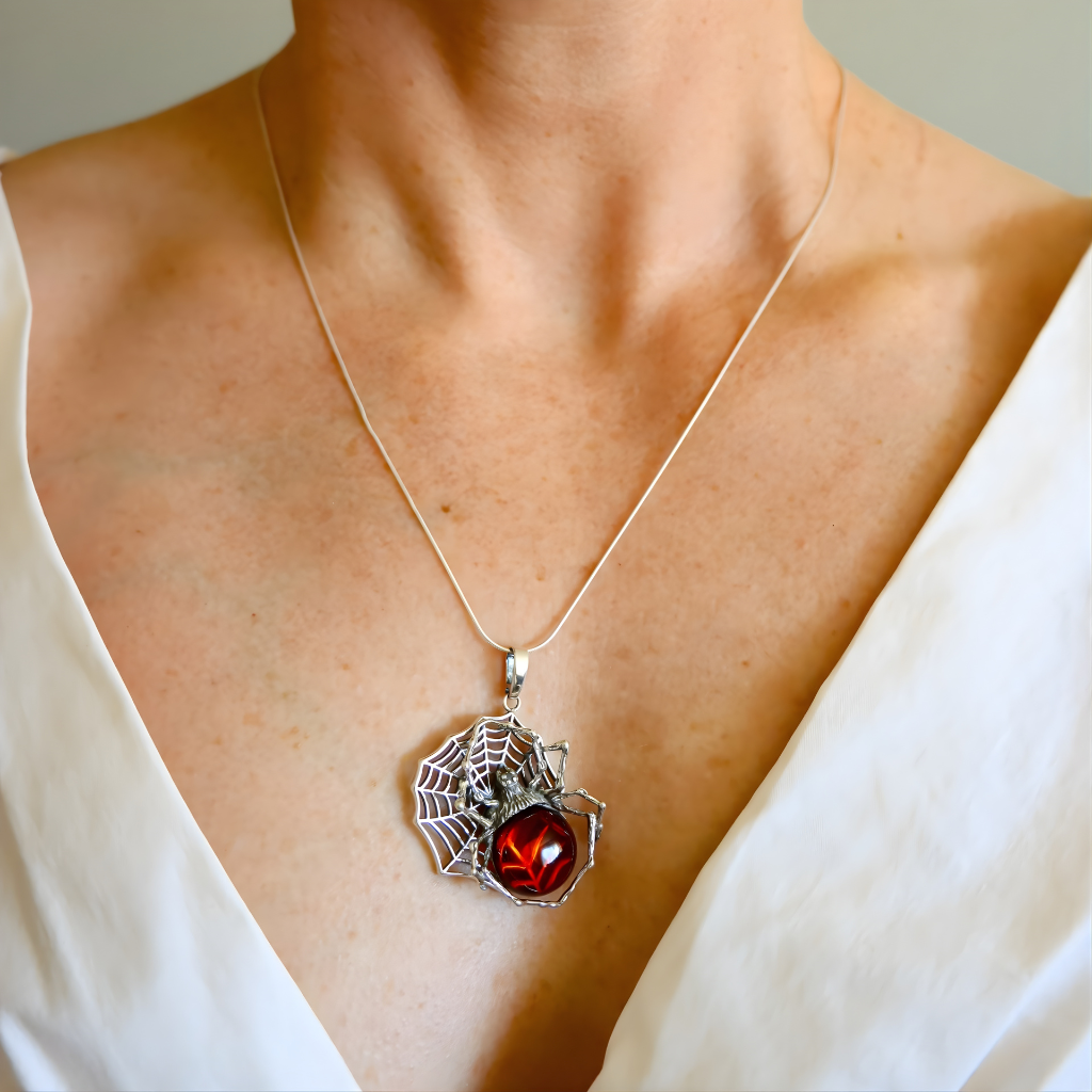 amber Necklace with a spider web and red gemstone pendant on a person wearing a white top.