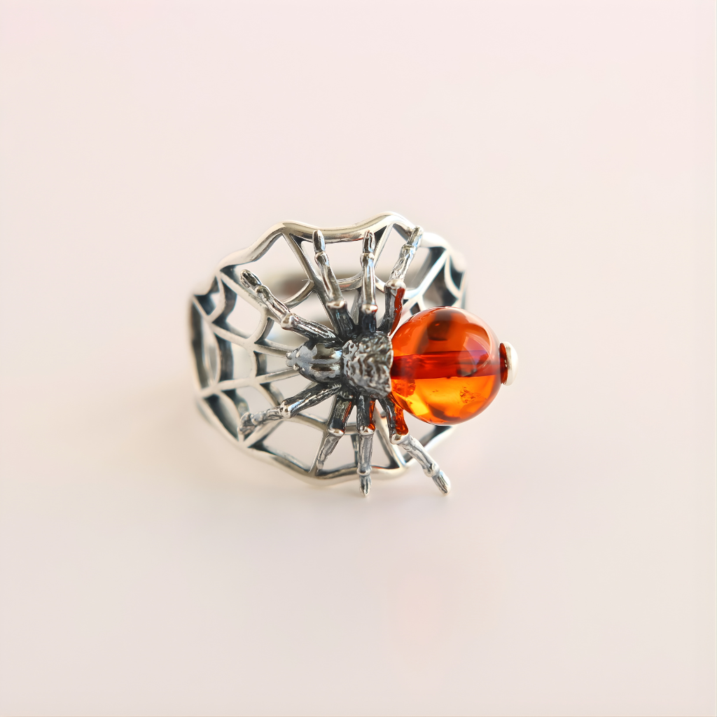 sterling Silver spider Ring with an orange gem on a light beige background