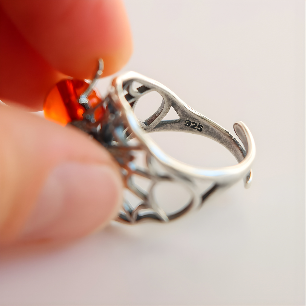 sterling Silver ring with a red gemstone held by a hand on a light background