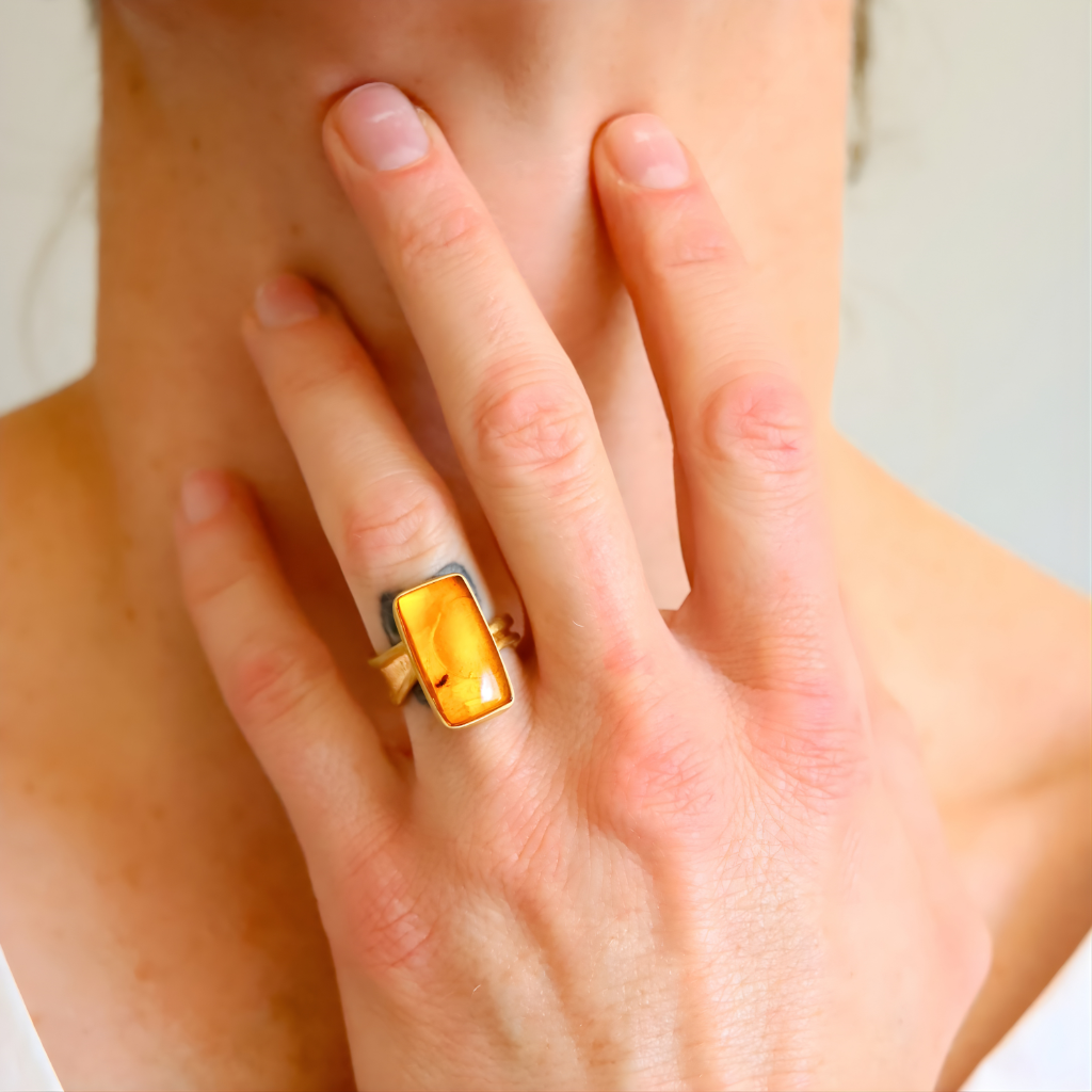 Cognac Baltic Amber Fossil Ant Ring 14K Gold Plated Silver - Jūratė Amber