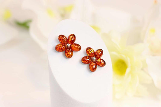 Natural Baltic Cognac Amber Daisy Stud Earrings in 925 Sterling Silver