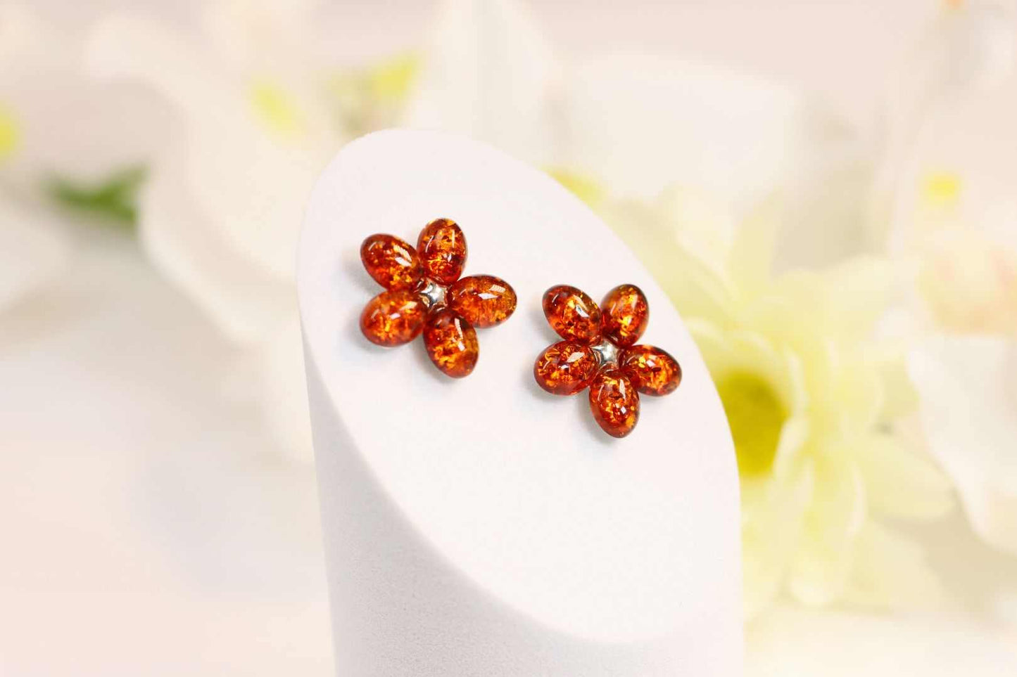 Natural Baltic Cognac Amber Daisy Stud Earrings in 925 Sterling Silver