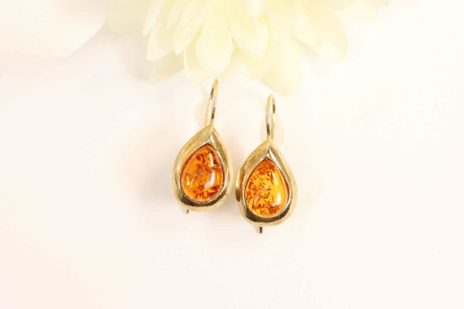 Natural Baltic Cognac Amber Antique-Style Dangle Earrings in Gold Plated s925