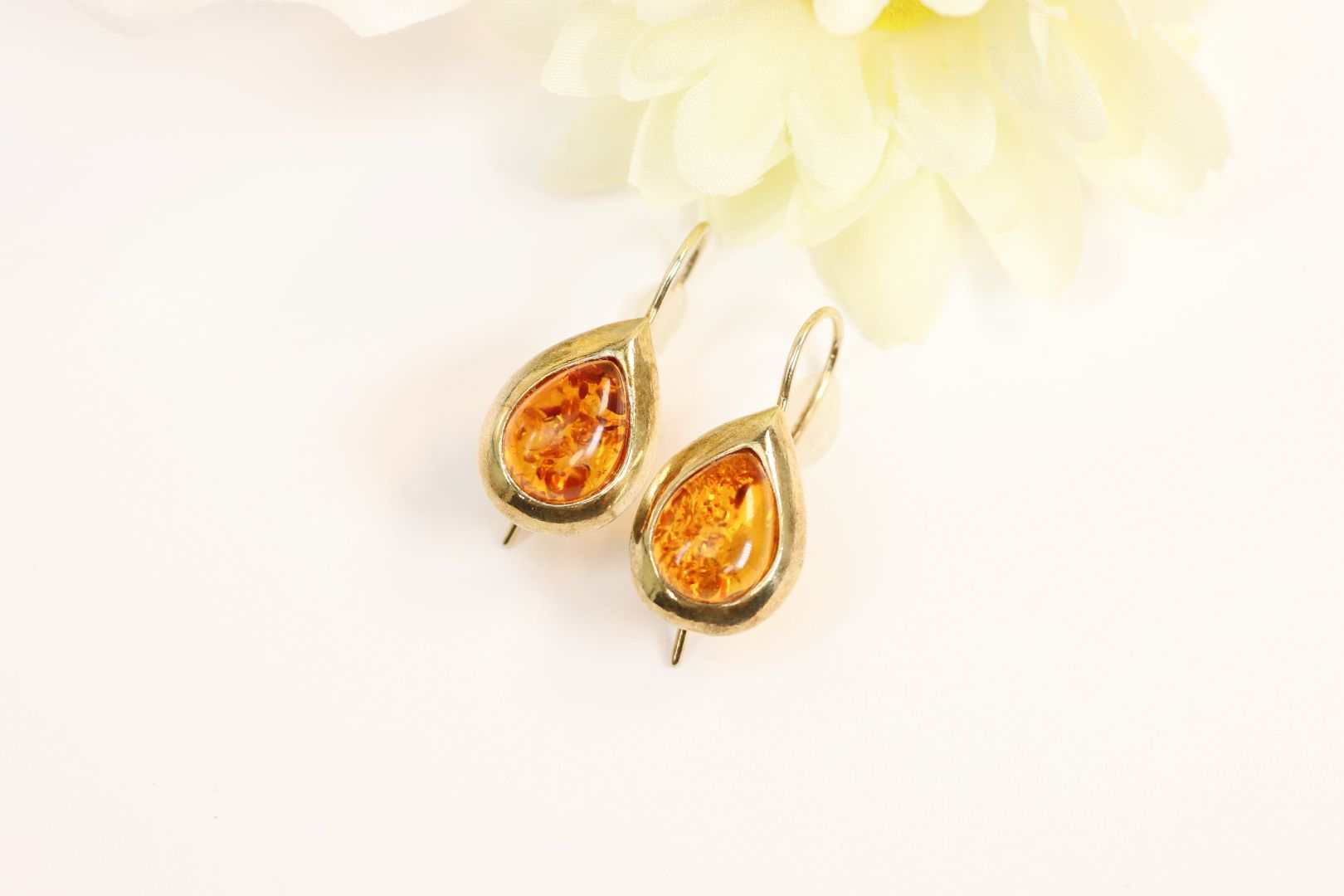 Natural Baltic Cognac Amber Antique-Style Dangle Earrings in Gold Plated s925