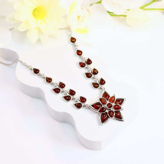 Natural Baltic Amber Floral Statement Necklace in 925 Sterling Silver