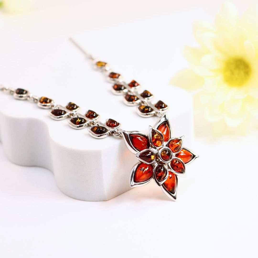 Natural Baltic Amber Floral Statement Necklace in 925 Sterling Silver