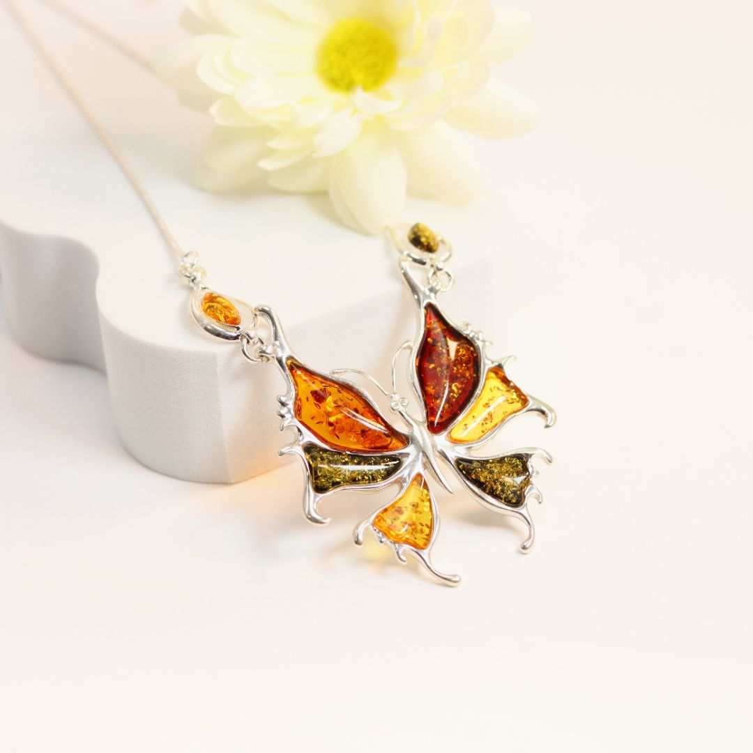 Natural Baltic Multicolor Amber Butterfly Statement Necklace in 925 Sterling Silver