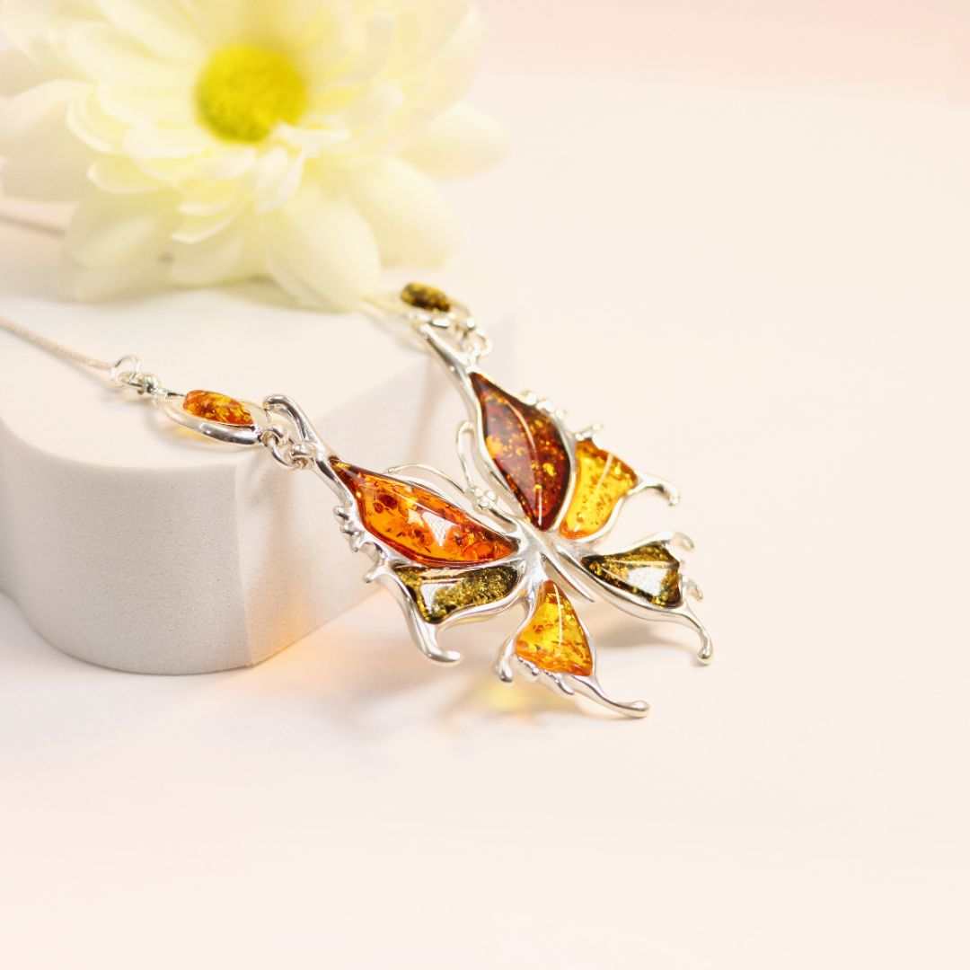 Natural Baltic Multicolor Amber Butterfly Statement Necklace in 925 Sterling Silver