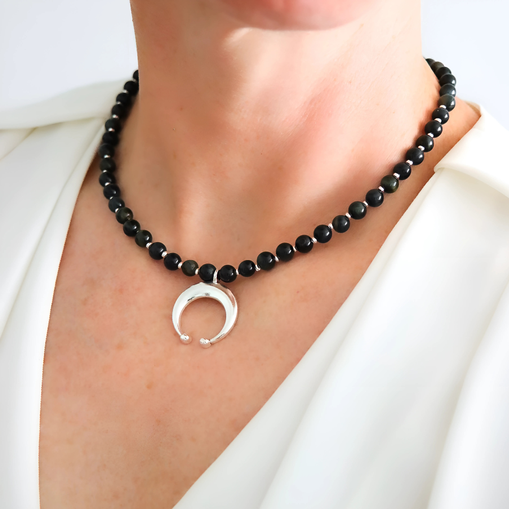 Crescent Moon Choker Necklace | Blue Tiger's Eye Gemstone and Silver