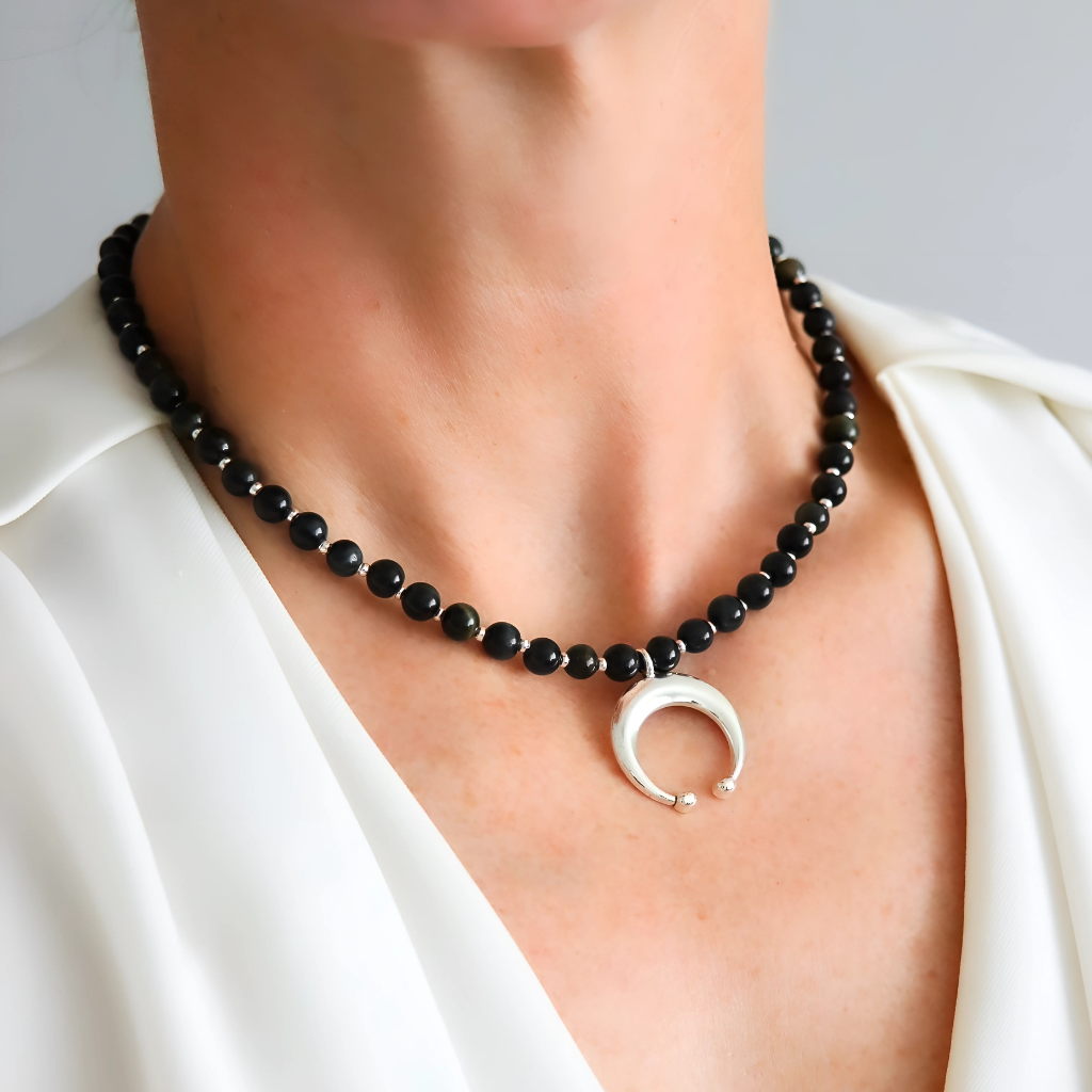 Crescent Moon Choker Necklace | Blue Tiger's Eye Gemstone and Silver