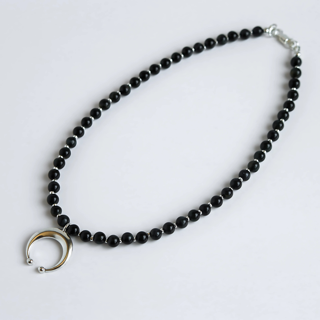 Crescent Moon Choker Necklace | Blue Tiger's Eye Gemstone and Silver