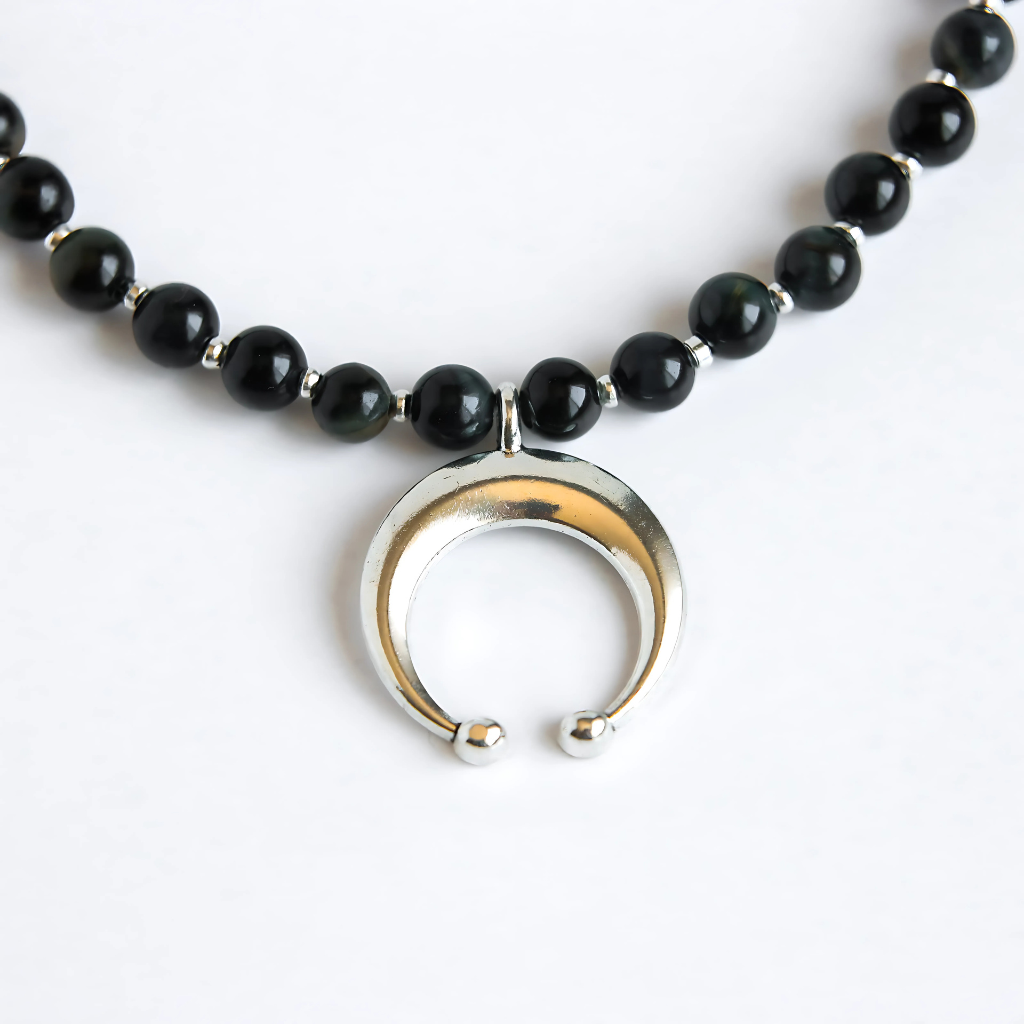 Crescent Moon Choker Necklace | Blue Tiger's Eye Gemstone and Silver