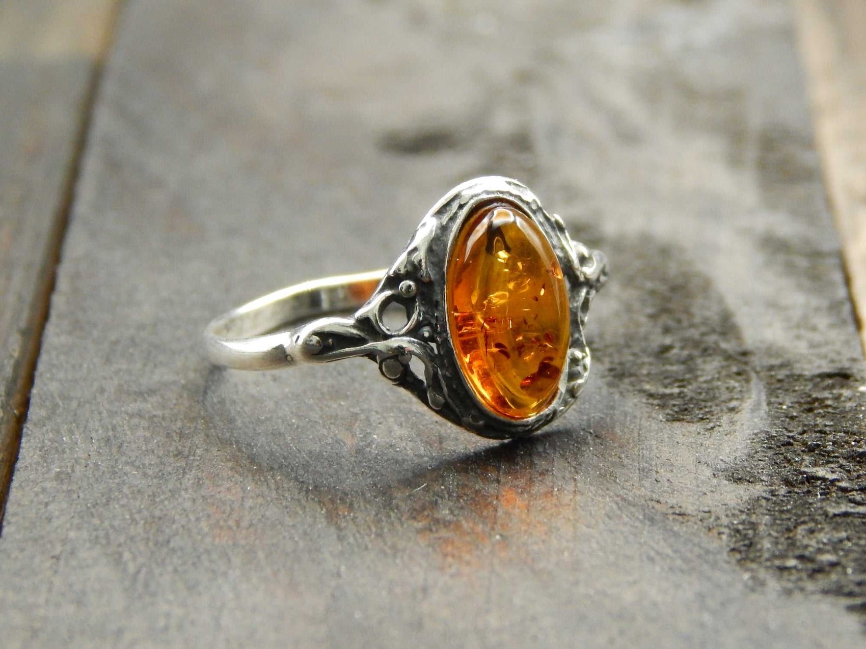 Natural Baltic Cognac Amber Sterling Silver Victorian Ring