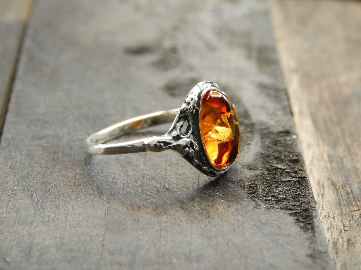 Natural Baltic Cognac Amber Sterling Silver Victorian Ring