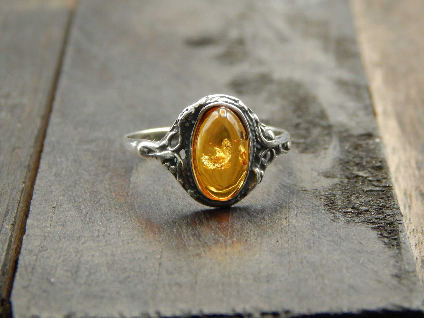 Natural Baltic Cognac Amber Sterling Silver Victorian Ring