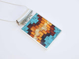 Natural Baltic Amber and Turquoise Mosaic Pendant Statement Necklace in 925 Sterling Silver