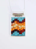 Natural Baltic Amber and Turquoise Mosaic Pendant Statement Necklace in 925 Sterling Silver